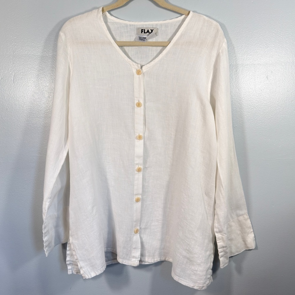 Flax Linen White Button-Down Shirt Small Top Classic Resortwear